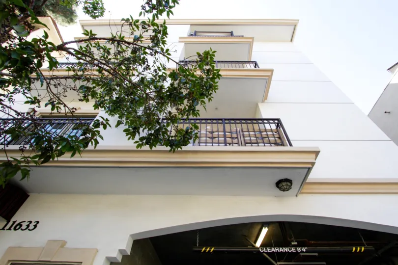 Balconies extend from the Brentwood Crest condo building