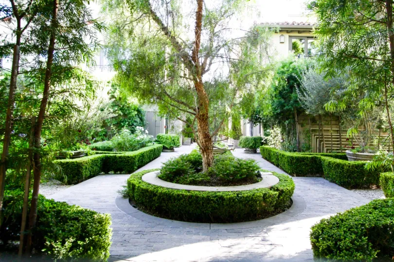 A European style courtyard garden sits center to Brentwood Garden Villas