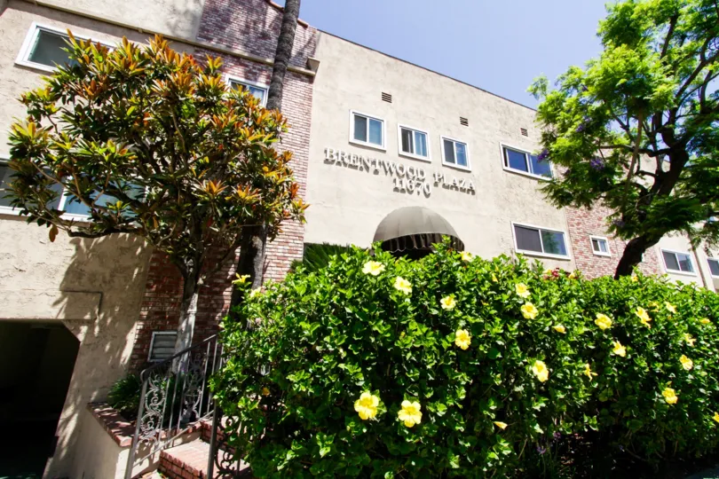 Entry to Brentwood Plaza is hidden behind a hedge