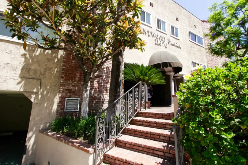 Brick stairs lead to the front entrance of Brentwood Plaza