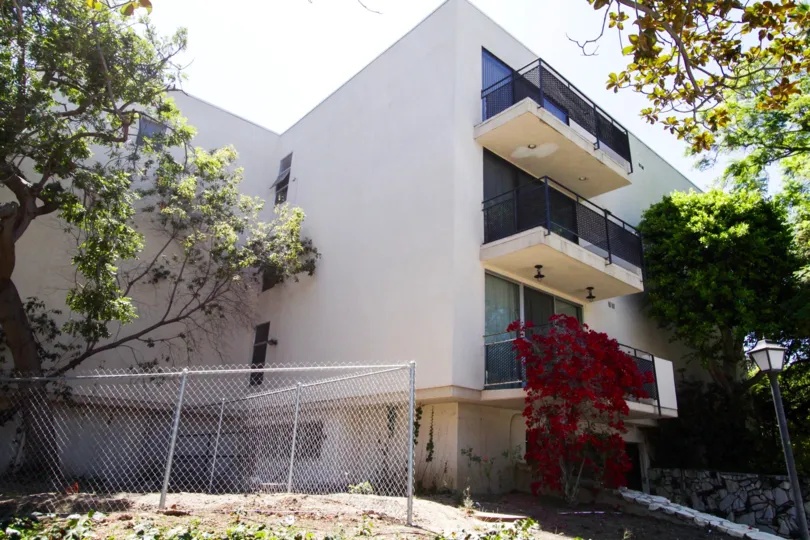 Balconies extend over the Brentwood Sunset building