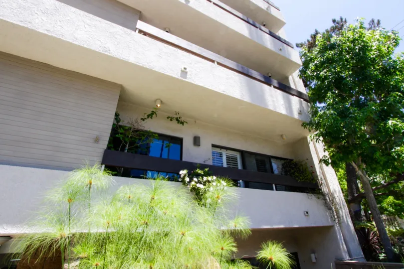Balconies extend over the Brentwood Tower building