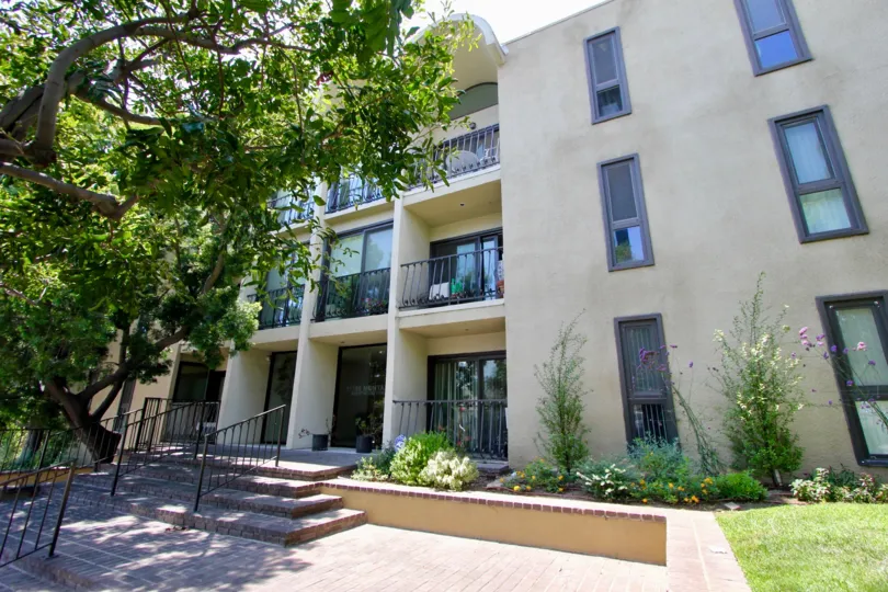 Front walkway, landscaping, and trees of the Brentwood Townhomes in Brentwood, California