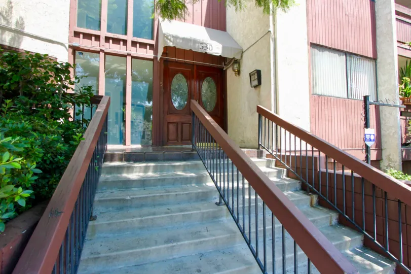 The Front Door of Casa Real on a sunny day in Brentwood