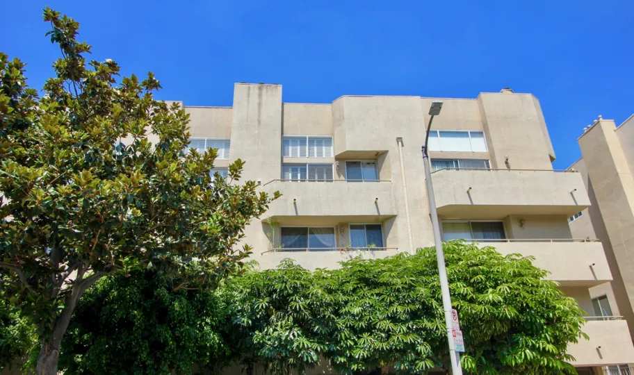A sunny day at the Concept 84 Apartments with trees and light poll