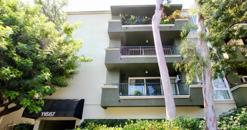 a view of three Coral Tree apartment balconies in Brentwood, California