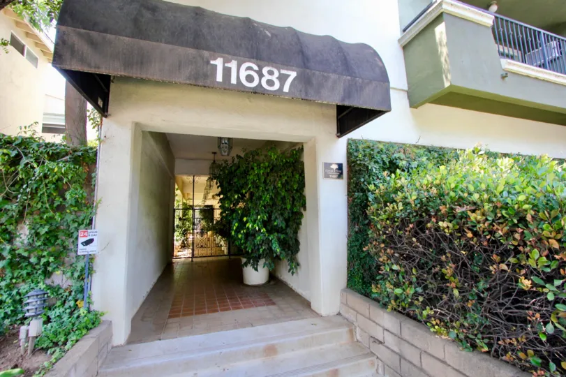 Looking at the front door of the Coral Tree apartments in Brentwood, California