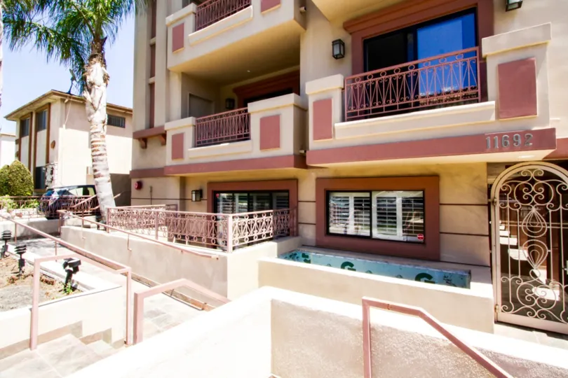 Stairs and walkways lead to the Darlington Village entry