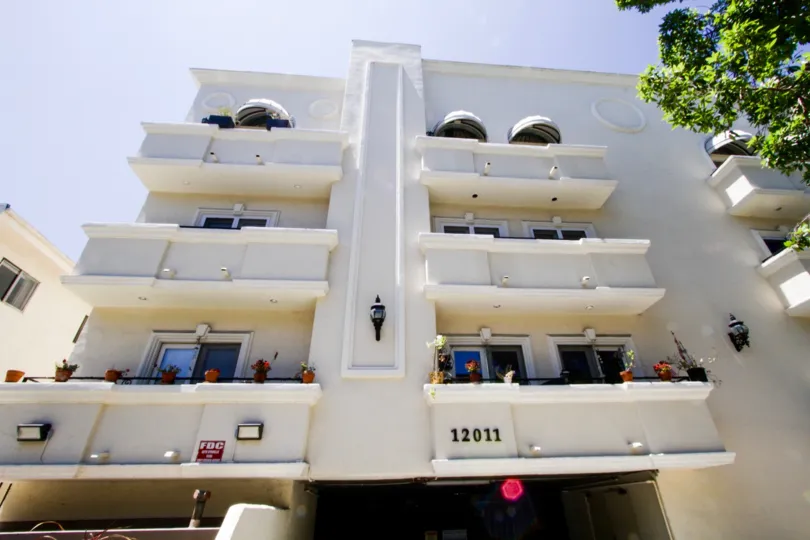 Balconies wrap around the upper levels of Del Cielo