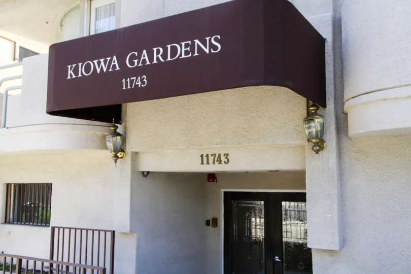 The Kiowa Gardens marquee atop the entry canopy