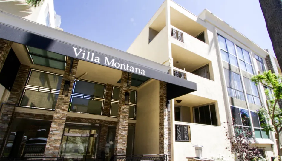The Villa Montana marquee stands atop the entry canopy