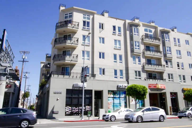 Stores occupy the first floor of the Wilshire Borgata condo building