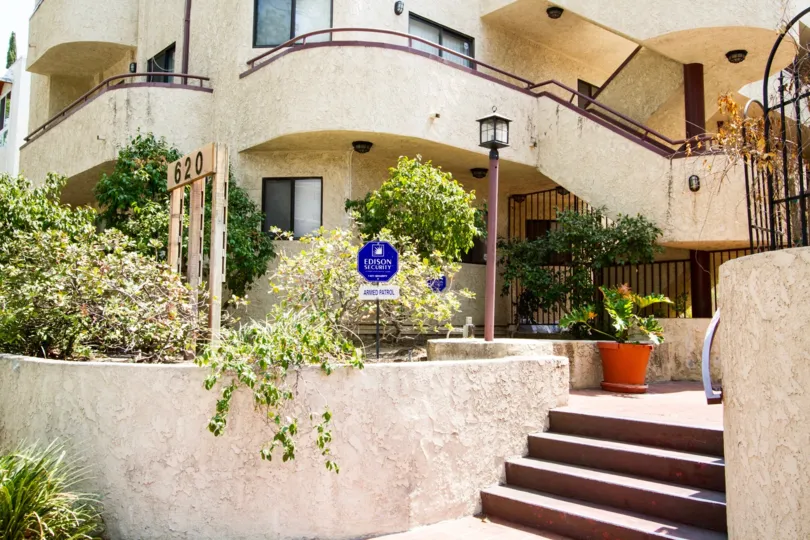 The landscaping seen around Angeleno Townhomes