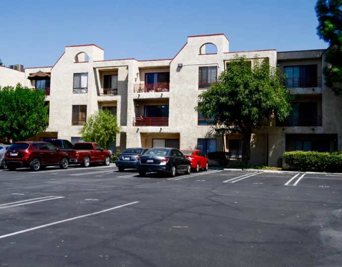 The view of Warner Gardens from the parking lot