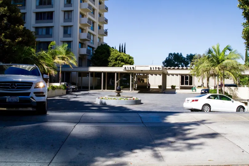 A central courtyard serves as a place to pick up and drop off your car with valet at Century Park East