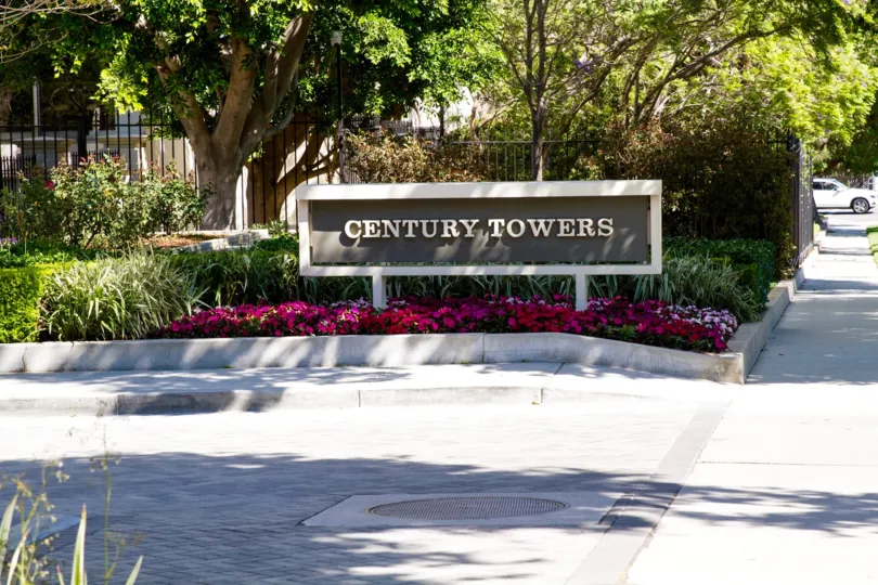 The Century Tower marquee stands at the entrance to the building