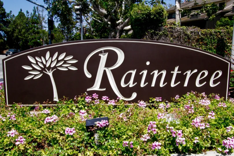 The sign into Raintree Condominiums in Culver City
