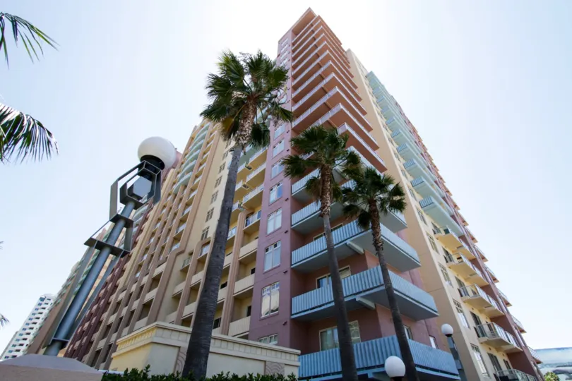 Each floor of Aqua has a balcony wrapping around its corner