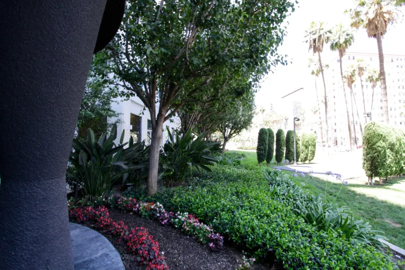 The exterior of Harbor Place Tower is meticulously landscaped