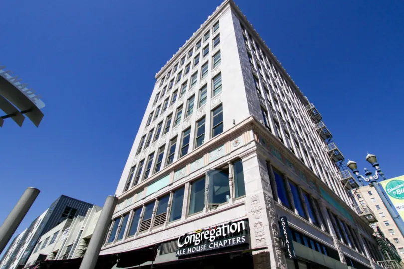 Corner view of Insurance Exchange Lofts rises 7 stories