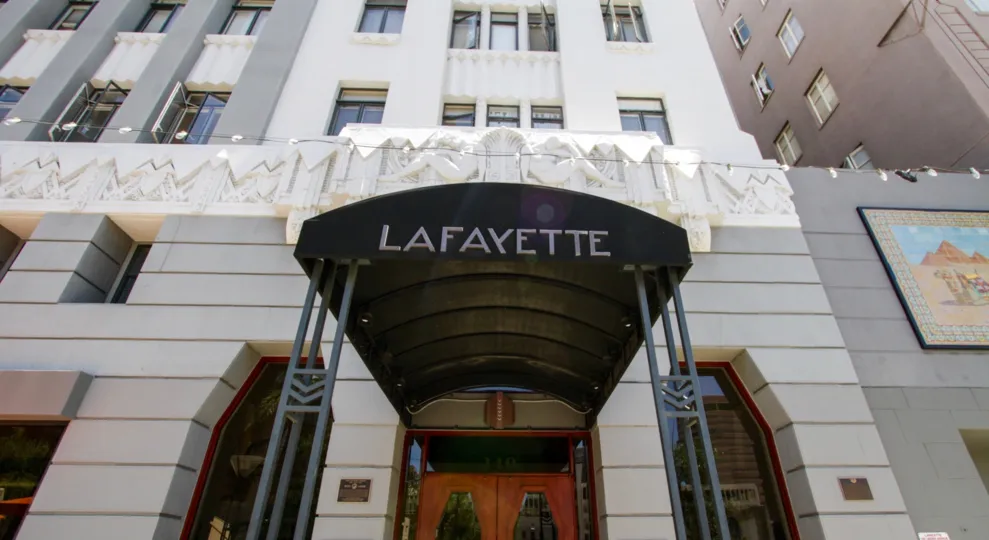 Lafayette Building Marquee at entry of building on canopy