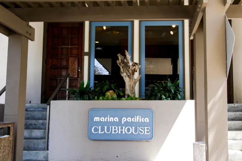 Clubhouse marquee at the entrance to Marina Pacifica Clubhouse