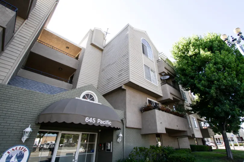 The Pacific Shores building is made of Stucco and wood siding