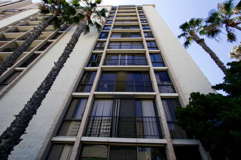 Ascending balconies from the front of the Queens Surf Building