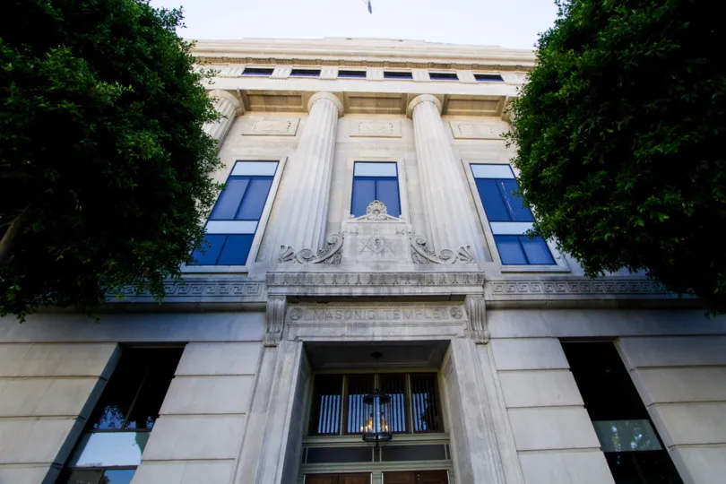 Masonic Temple above the Temple Lofts entry