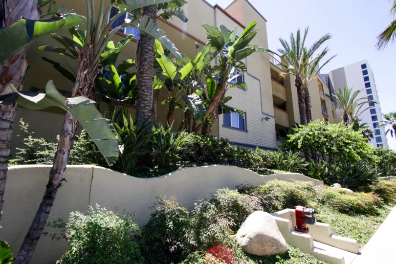 Raised planters lushly landscaped surround The Meridian