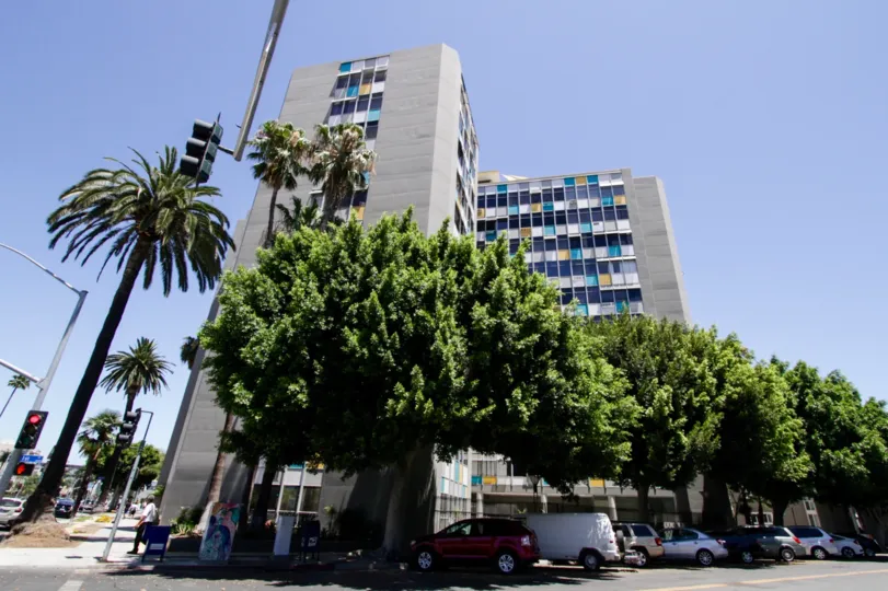 Colorful windows line The Royal Palms condo building