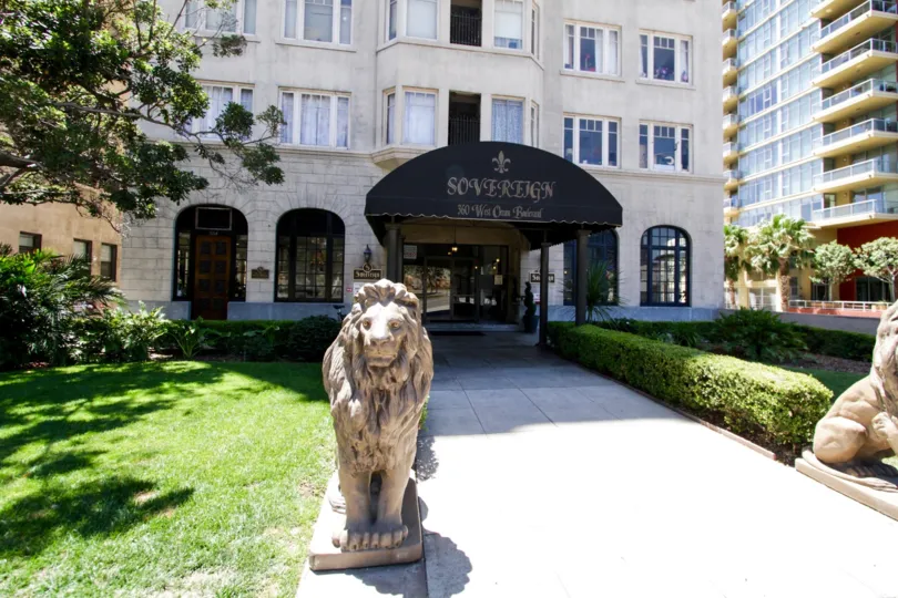 Lion Statues stand at the front of The Sovereign entry