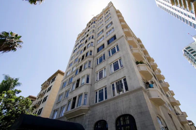 Balconies extend of the side of The Sovereign condo building
