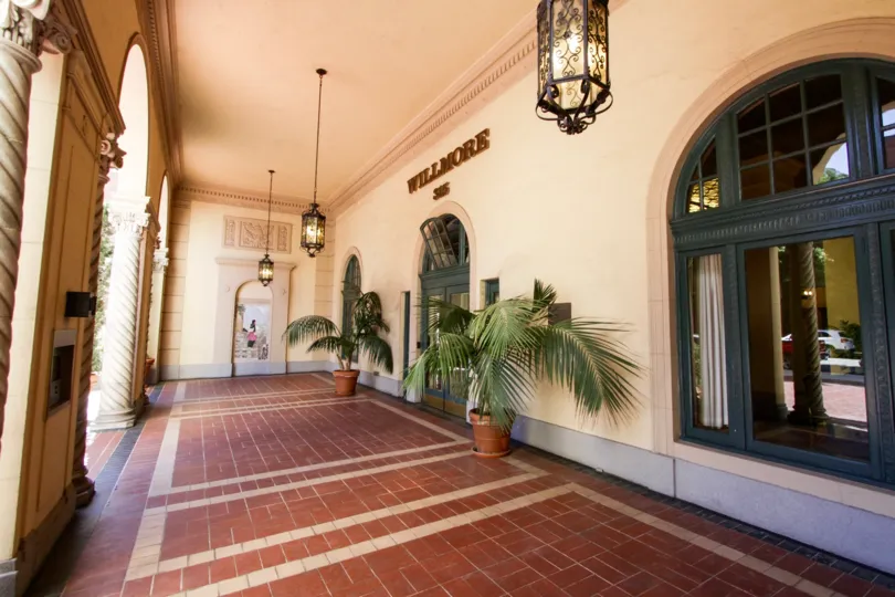 Palms in pots at each side of The Wilmore entry