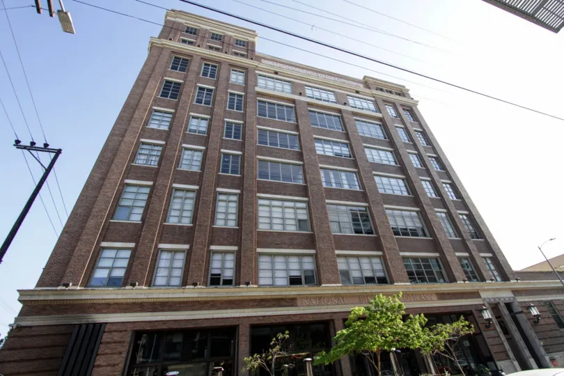 The landscaping in front of Biscuit Company Lofts