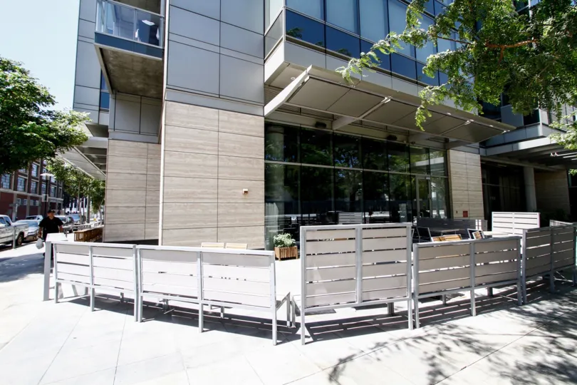 The benches in front of Evo in Downtown LA