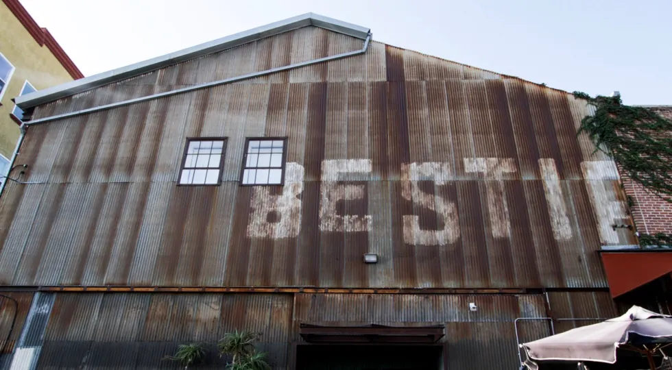 The rustic front of 2121 Lofts in Downtown LA