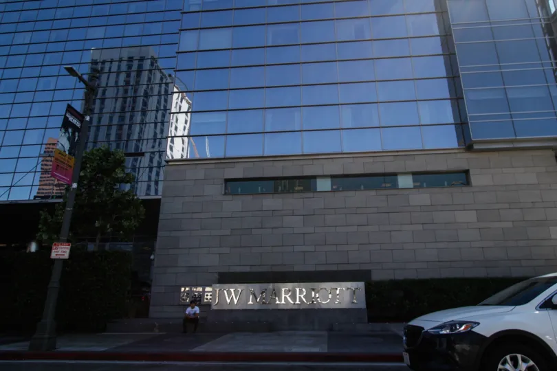 The sidewalk in front of the Ritz Carlton at LA Live