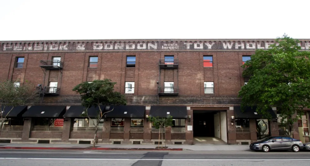 A view of the Toy Warehouse Lofts building from the street in Downtown LA