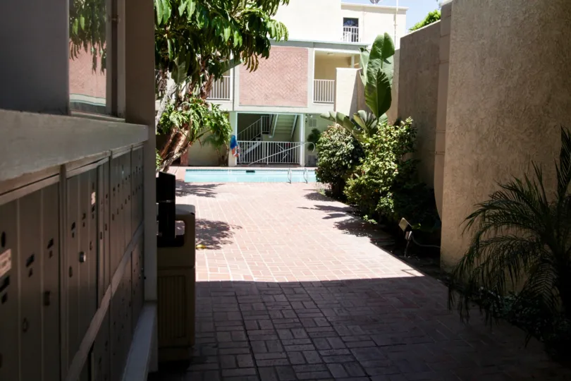 The calming view of the pool from the side entrance of 4610 Densmore Ave in Encino