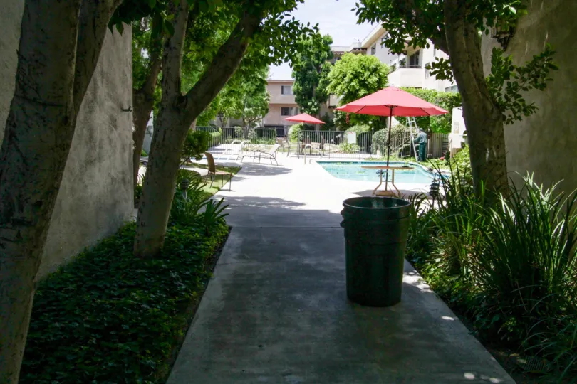 The breezeway within Encino Gardens leading to the pool area