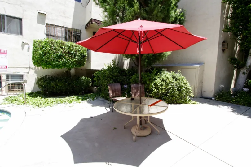The patio furniture within the Encino Gardens common area