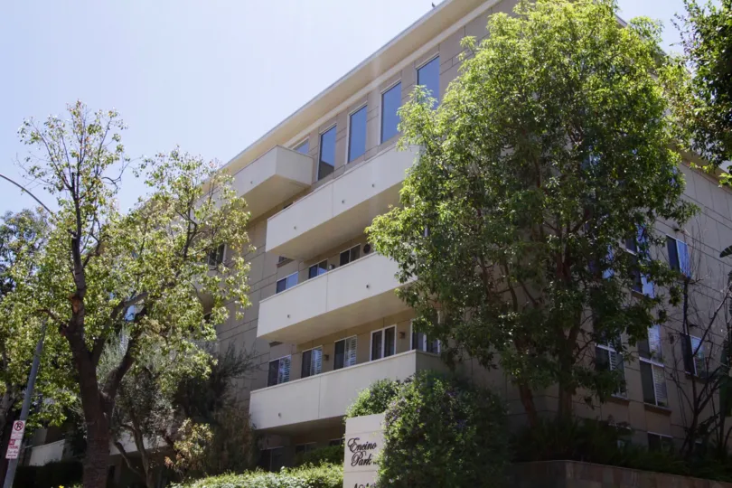 The building balconies at Encino Park West in Encino