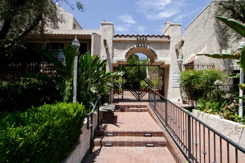 The gated entrance into Encino Plaza North located in Encino