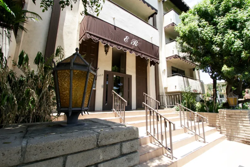 The outdoor décor leading up to the Encino Regency entrance in Encino