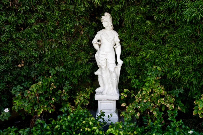 The statue among the landscaping at the Encino Spa