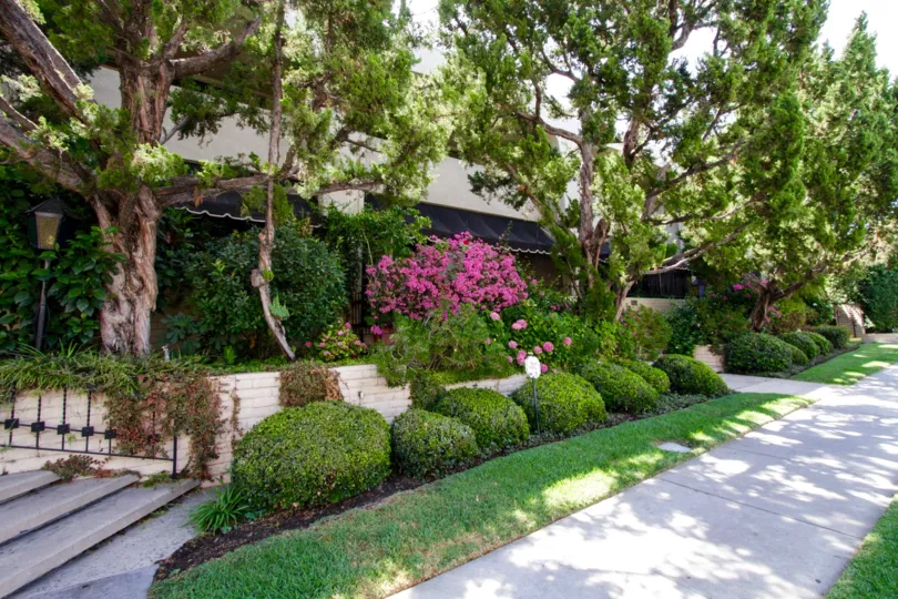 A walkway allowing for admiration of the landscaping performed around Encino Spa
