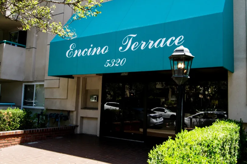 The shaded entrance into Encino Terrace in Encino