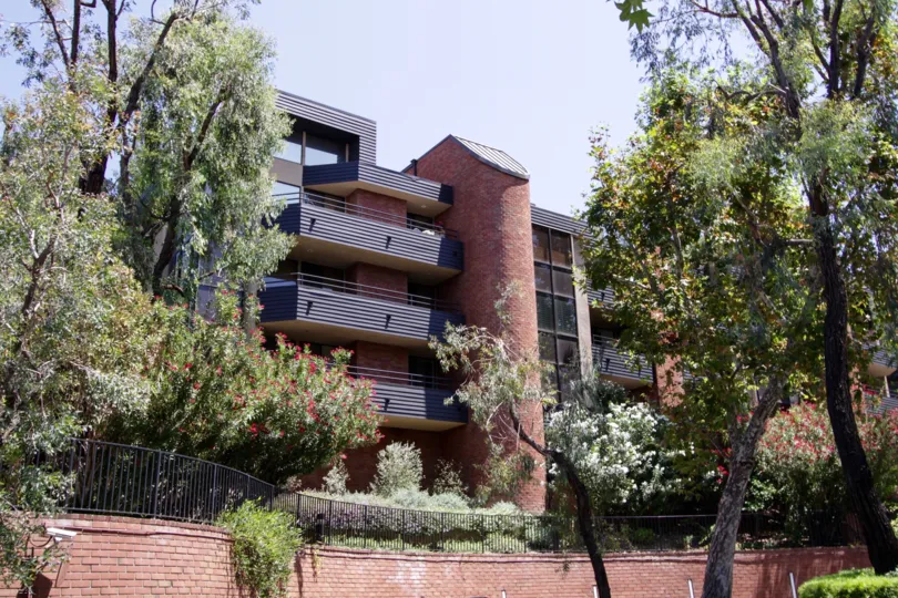 The private balconies of units within the Encino Towers buildings