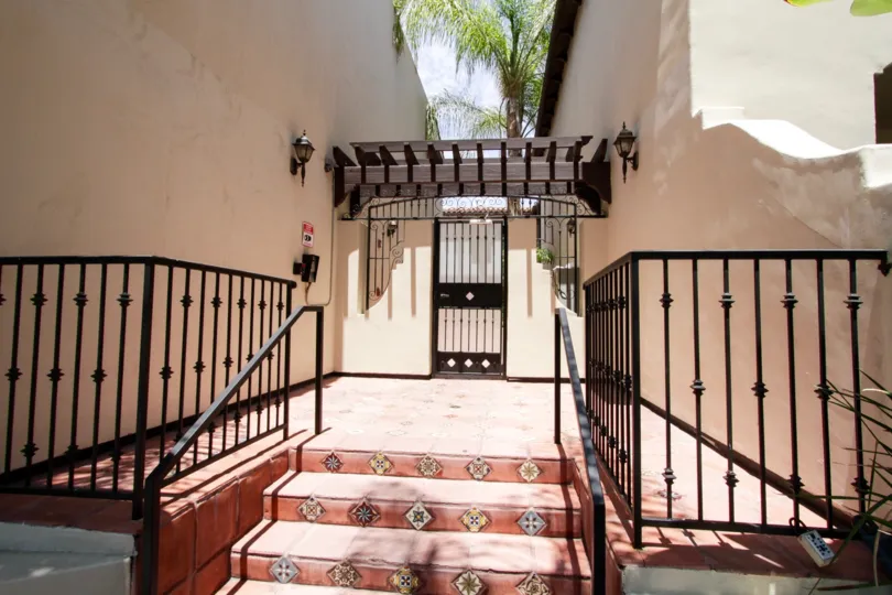 The gated entrance into the Encino Vista complex in Encino